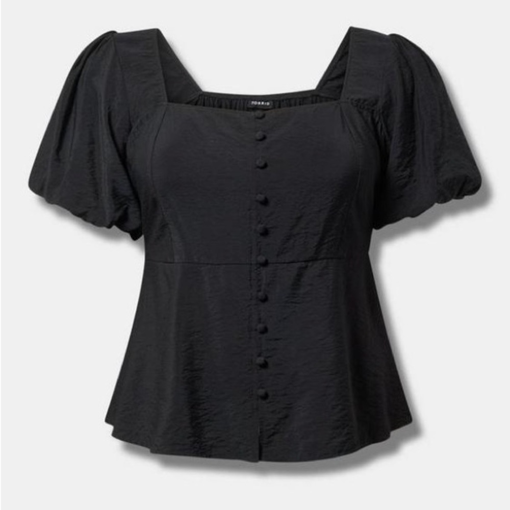 Torrid Black Button-Front Puff Sleeve Blouse